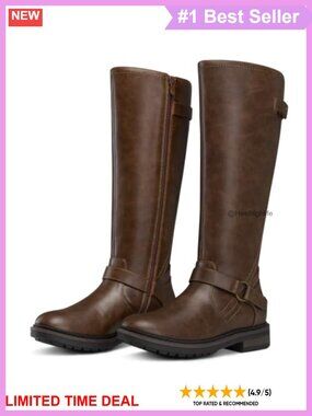 Women's Knee High Boots Faux Leather Low Block Heel Round Toe